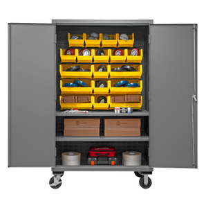 Durham 2502M-BLP-18-2S-95 Mobile Cabinet, 16 Gauge, 2 Shelves, 18 Yellow Bins, 50-9/16 X 24 X 81