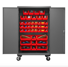 Load image into Gallery viewer, Durham 2502M-BLP-42-1795 Mobile Cabinet, 16 Gauge, 42 Red Bins, 48 X 24 X 81