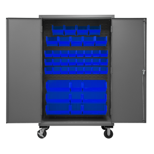 Durham 2502M-BLP-42-5295 Mobile Cabinet, 16 Gauge, 42 Blue Bins, 48 X 24 X 81