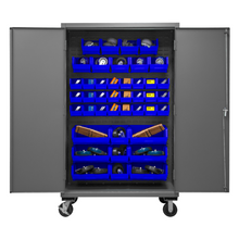 Load image into Gallery viewer, Durham 2502M-BLP-42-5295 Mobile Cabinet, 16 Gauge, 42 Blue Bins, 48 X 24 X 81