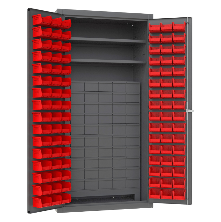 Durham 3501-DLP-60DR11-96-2S1795 Cabinet, 14 Gauge, 60 Drawers, 96 Red Bins, 2 Shelves, 36 X 24 X 72