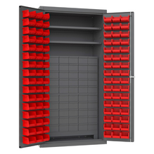 Load image into Gallery viewer, Durham 3501-DLP-60DR11-96-2S1795 Cabinet, 14 Gauge, 60 Drawers, 96 Red Bins, 2 Shelves, 36 X 24 X 72