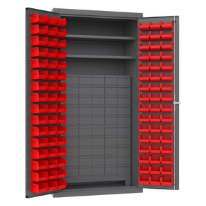 Durham 3501-DLP-60DR11-96-2S1795 Cabinet, 14 Gauge, 60 Drawers, 96 Red Bins, 2 Shelves, 36 X 24 X 72