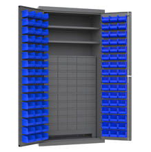 Load image into Gallery viewer, Durham 3501-DLP-60DR11-96-2S5295 Cabinet, 14 Gauge, 60 Drawers, 96 Blue Bins, 2 Shelves, 36 X 24 X 72