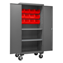 Load image into Gallery viewer, Durham 3501M-BLP-12-2S-1795 Mobile Cabinet, 14 Gauge, 2 Shelves, 12 Red Bins, 36 X 24 X 81