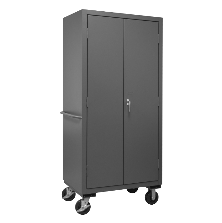 Durham 3501M-BLP-12-2S-1795 Mobile Cabinet, 14 Gauge, 2 Shelves, 12 Red Bins, 36 X 24 X 81