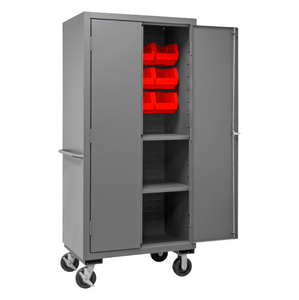 Durham 3501M-BLP-12-2S-1795 Mobile Cabinet, 14 Gauge, 2 Shelves, 12 Red Bins, 36 X 24 X 81