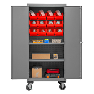 Durham 3501M-BLP-12-2S-1795 Mobile Cabinet, 14 Gauge, 2 Shelves, 12 Red Bins, 36 X 24 X 81