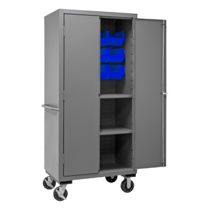 Durham 3501M-BLP-12-2S-5295 Mobile Cabinet, 14 Gauge, 2 Shelves, 12 Blue Bins, 36 X 24 X 81