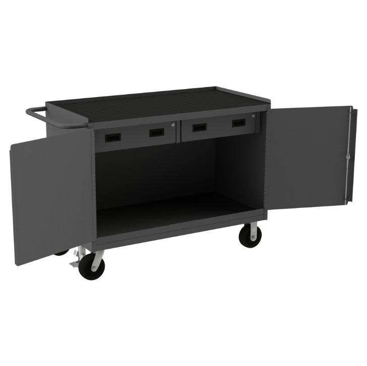 Durham 3414-RM-FL-95 Mobile Bench Cabinet, 2 Drawers, Black Rubber Mat, 24-1/4 X 54-1/8 X 37-3/4