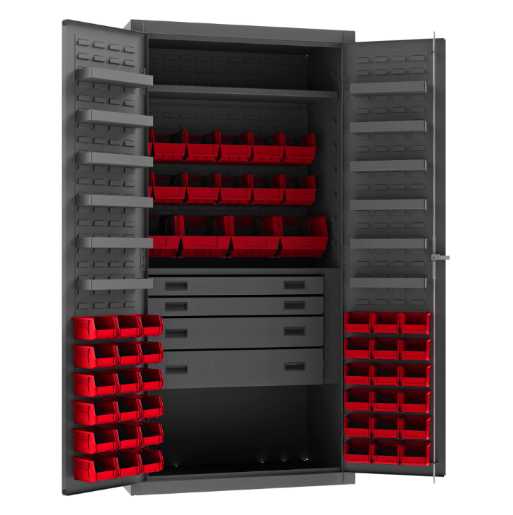 Durham 3501524RDR-1795 Cabinet, 14 Gauge, 4 Drawer, 2 Shelves, 12 Door Shelves, 52 Red Bins, 36 X 24 X 72