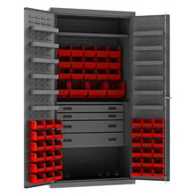 Load image into Gallery viewer, Durham 3501584RDR-1795 Cabinet, 14 Gauge, 4 Drawer, 2 Shelves, 12 Door Shelves, 58 Red Bins, 36 X 24 X 72