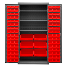 Load image into Gallery viewer, Durham 3501-BDLP-102-3S-1795 Cabinet, 14 Gauge, 3 Shelves, 102 Red Bins, 36 X 24 X 72