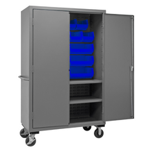 Load image into Gallery viewer, Durham 3502M-BLP-18-2S-5295 Mobile Cabinet, 14 Gauge, 2 Shelves, 18 Blue Bins, 48 X 24 X 81