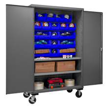 Load image into Gallery viewer, Durham 3502M-BLP-18-2S-5295 Mobile Cabinet, 14 Gauge, 2 Shelves, 18 Blue Bins, 48 X 24 X 81