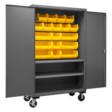 Load image into Gallery viewer, Durham 3502M-BLP-18-2S-95 Mobile Cabinet, 14 Gauge, 2 Shelves, 18 Yellow Bins, 48 X 24 X 81