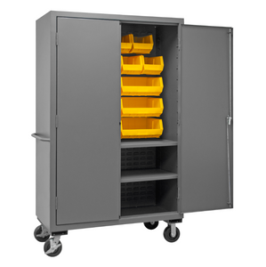 Durham 3502M-BLP-18-2S-95 Mobile Cabinet, 14 Gauge, 2 Shelves, 18 Yellow Bins, 48 X 24 X 81