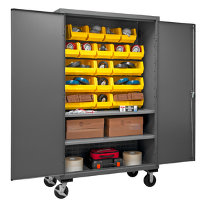 Durham 3502M-BLP-18-2S-95 Mobile Cabinet, 14 Gauge, 2 Shelves, 18 Yellow Bins, 48 X 24 X 81