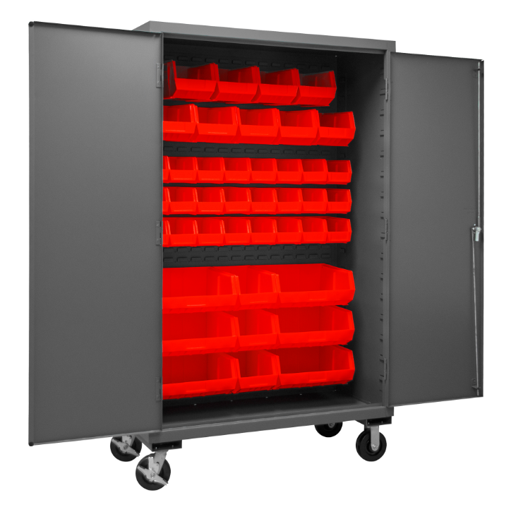 Durham 3502M-BLP-42-1795 Mobile Cabinet, 14 Gauge, 42 Red Bins, 48 X 24 X 81