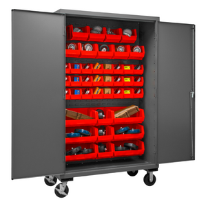 Durham 3502M-BLP-42-1795 Mobile Cabinet, 14 Gauge, 42 Red Bins, 48 X 24 X 81