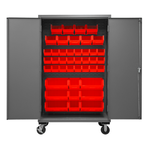 Durham 3502M-BLP-42-1795 Mobile Cabinet, 14 Gauge, 42 Red Bins, 48 X 24 X 81