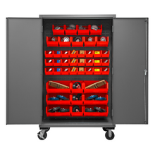 Load image into Gallery viewer, Durham 3502M-BLP-42-1795 Mobile Cabinet, 14 Gauge, 42 Red Bins, 48 X 24 X 81