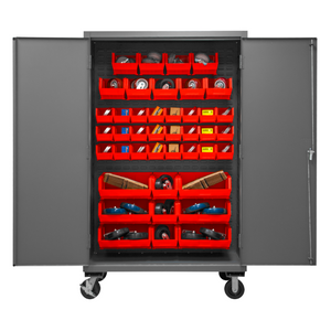 Durham 3502M-BLP-42-1795 Mobile Cabinet, 14 Gauge, 42 Red Bins, 48 X 24 X 81