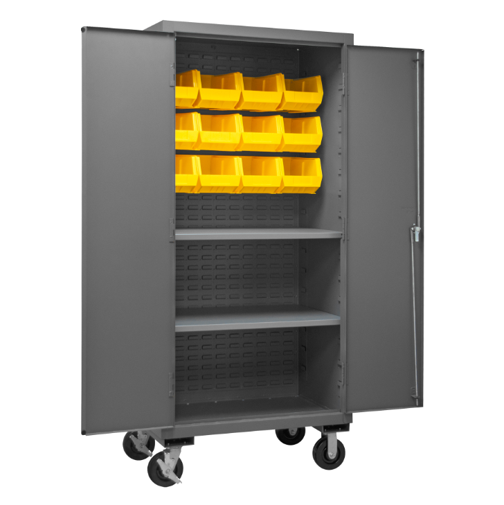 Durham 3501M-BLP-12-2S-95 Mobile Cabinet, 14 Gauge, 2 Shelves, 12 Yellow Bins, 36 X 24 X 81