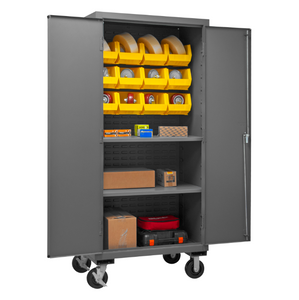 Durham 3501M-BLP-12-2S-95 Mobile Cabinet, 14 Gauge, 2 Shelves, 12 Yellow Bins, 36 X 24 X 81