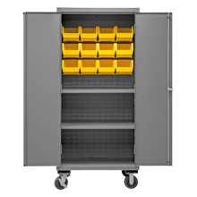 Load image into Gallery viewer, Durham 3501M-BLP-12-2S-95 Mobile Cabinet, 14 Gauge, 2 Shelves, 12 Yellow Bins, 36 X 24 X 81