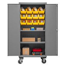 Load image into Gallery viewer, Durham 3501M-BLP-12-2S-95 Mobile Cabinet, 14 Gauge, 2 Shelves, 12 Yellow Bins, 36 X 24 X 81