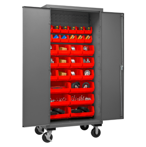 Durham 3501M-BLP-30-1795 Mobile Cabinet, 14 Gauge, 30 Red Bins, 36 X 24 X 81