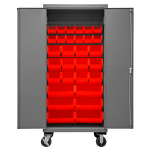 Load image into Gallery viewer, Durham 3501M-BLP-30-1795 Mobile Cabinet, 14 Gauge, 30 Red Bins, 36 X 24 X 81