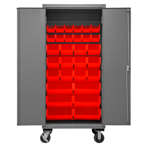 Durham 3501M-BLP-30-1795 Mobile Cabinet, 14 Gauge, 30 Red Bins, 36 X 24 X 81