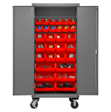 Load image into Gallery viewer, Durham 3501M-BLP-30-1795 Mobile Cabinet, 14 Gauge, 30 Red Bins, 36 X 24 X 81