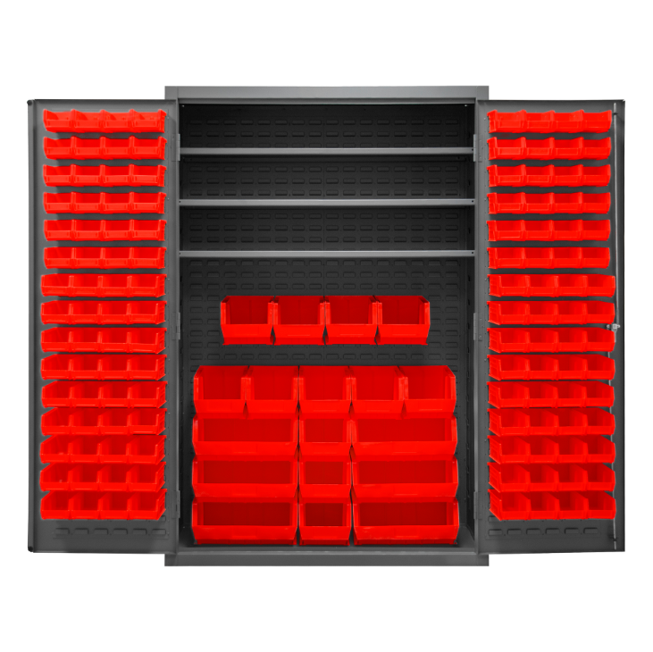 Durham 3502-138-3S-1795 Cabinet, 14 Gauge, 3 Shelves, 138 Red Bins, 48 X 24 X 72