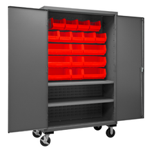 Load image into Gallery viewer, Durham 3502M-BLP-18-2S-1795 Mobile Cabinet, 14 Gauge, 2 Shelves, 18 Red Bins, 48 X 24 X 81