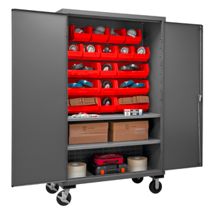 Durham 3502M-BLP-18-2S-1795 Mobile Cabinet, 14 Gauge, 2 Shelves, 18 Red Bins, 48 X 24 X 81