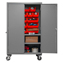 Load image into Gallery viewer, Durham 3502M-BLP-18-2S-1795 Mobile Cabinet, 14 Gauge, 2 Shelves, 18 Red Bins, 48 X 24 X 81