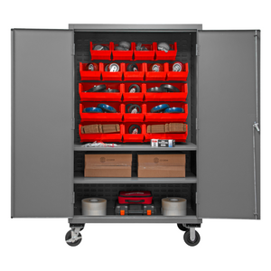 Durham 3502M-BLP-18-2S-1795 Mobile Cabinet, 14 Gauge, 2 Shelves, 18 Red Bins, 48 X 24 X 81