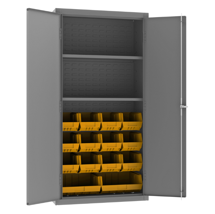 Durham 3602-BLP-14-2S-95 Cabinet, 14 Gauge, 2 Shelves, 14 Yellow Bins, 36 X 18 X 72