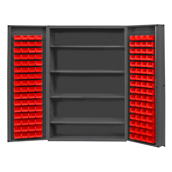 Durham DC48-128-4S-1795 Cabinet, 14 Gauge, 4 Shelves, 128 Red Bins, 48 X 24 X 72