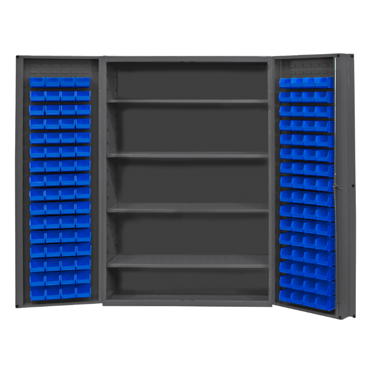 Durham DC48-128-4S-5295 Cabinet, 14 Gauge, 4 Shelves, 128 Blue Bins, 48 X 24 X 72