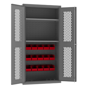 Durham EMDC36182S15B1795 Ventilated Cabinet, 14 Gauge, 2 Shelves, 15 Red Bins, 36 X 18 X 72