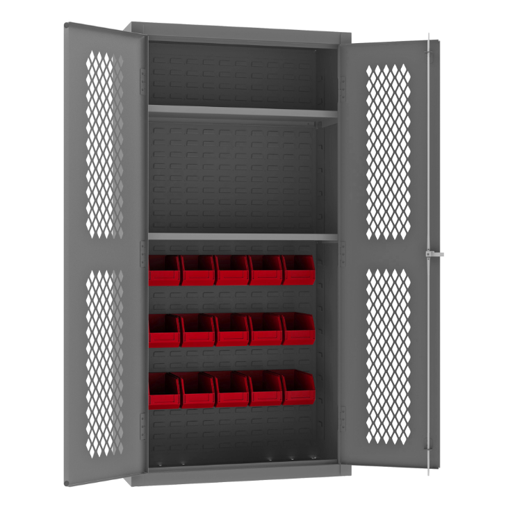 Durham EMDC36182S15B1795 Ventilated Cabinet, 14 Gauge, 2 Shelves, 15 Red Bins, 36 X 18 X 72