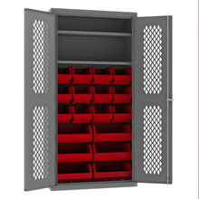 Load image into Gallery viewer, Durham EMDC-361872-18B-2S-1795 Ventilated Cabinet, 14 Gauge, 2 Shelves, 18 Red Bins, 36 X 18 X 72