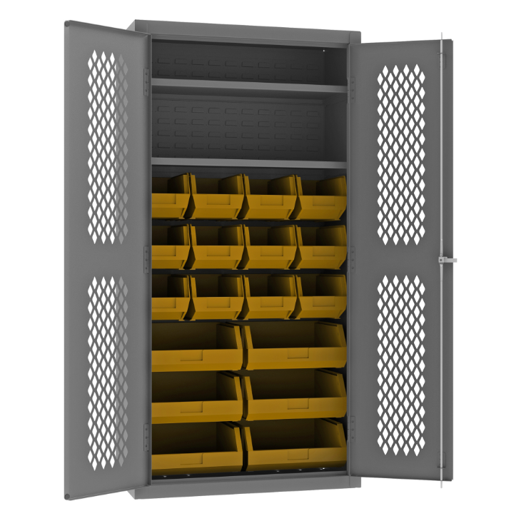 Durham EMDC-361872-18B-2S-95 Ventilated Cabinet, 14 Gauge, 2 Shelves, 18 Yellow Bins, 36 X 18 X 72