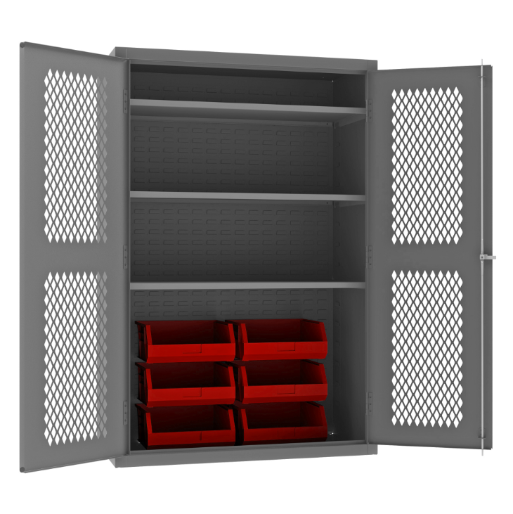 Durham EMDC-482472-6B-3S-1795 Ventilated Cabinet, 14 Gauge, 3 Shelves, 6 Red Bins, 48 X 24 X 72