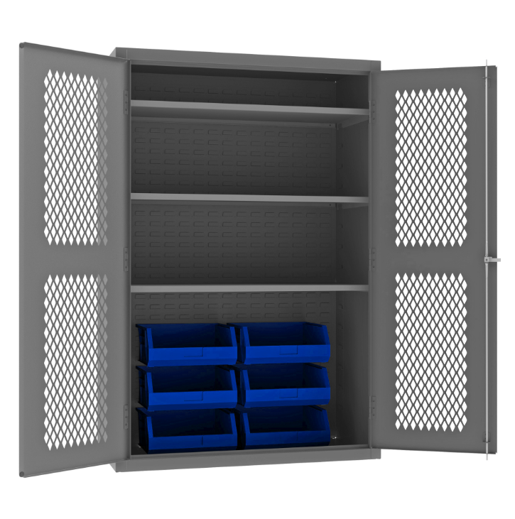 Durham EMDC-482472-6B-3S-5295 Ventilated Cabinet, 14 Gauge, 3 Shelves, 6 Blue Bins, 48 X 24 X 72