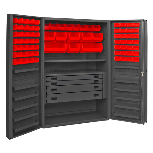 Durham DCBDLP724RDR-1795 Cabinet, 14 Gauge, 4 Drawer, 2 Shelves, 12 Door Trays, 72 Red Bins, 48 X 24 X 72